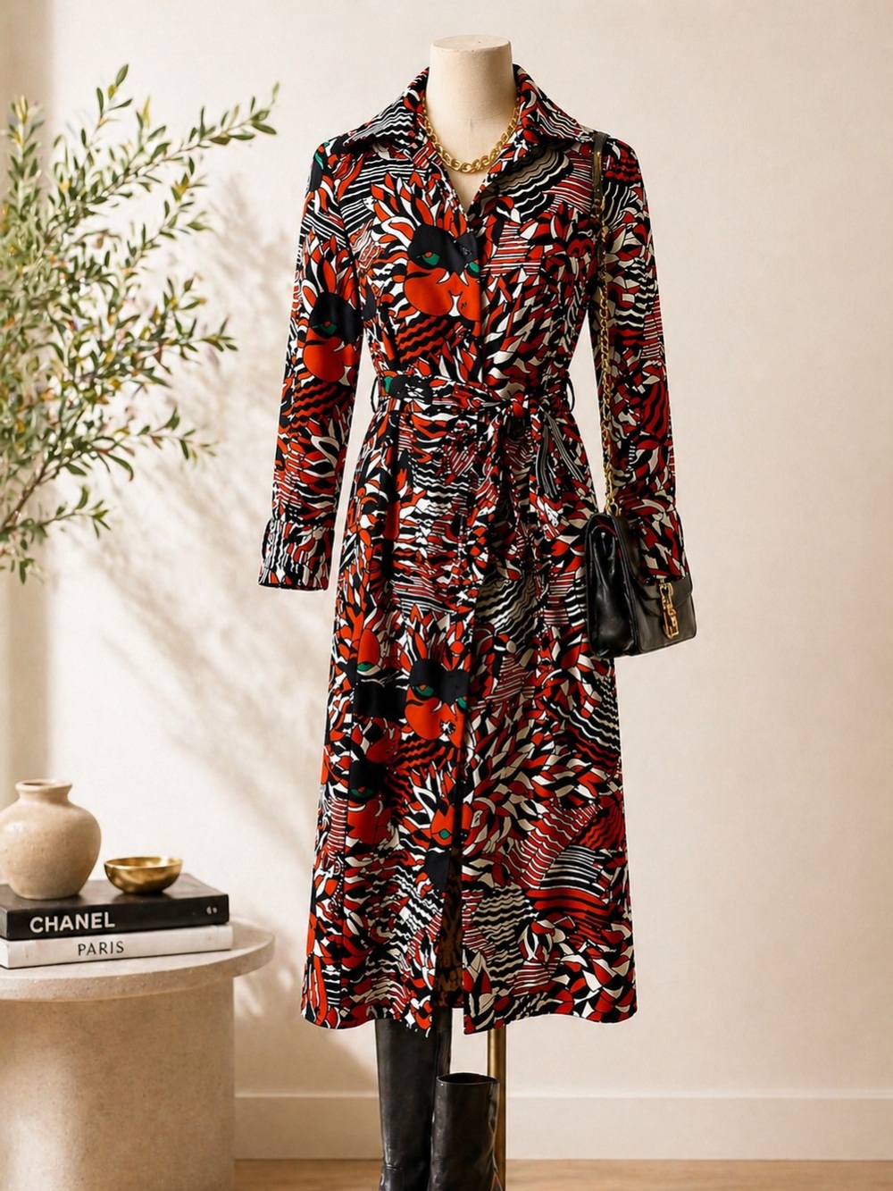 LANVIN 1970s Vintage Paris Op Art
Shirt Midi Dress Belted Graphic Print Size 6